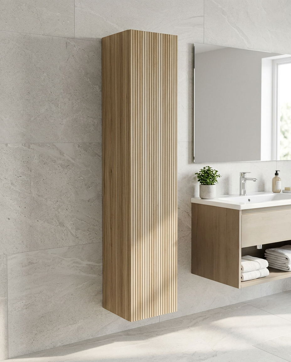 Sohana 1500mm Wall Hung Tall Storage Unit, 1 Door in a bright modern bathroom