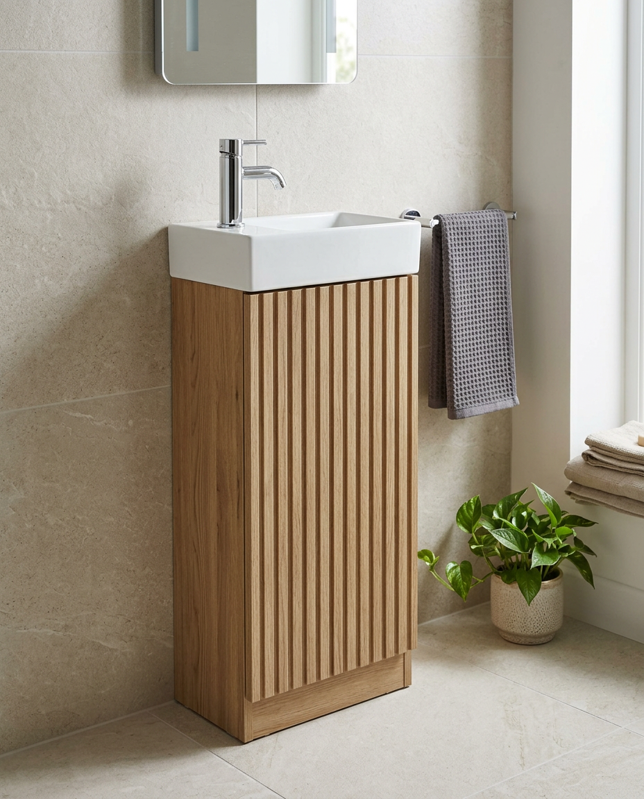 Sohana 400mm Floorstanding Vanity Unit & Basin, 1 Door in a bright modern bathroom