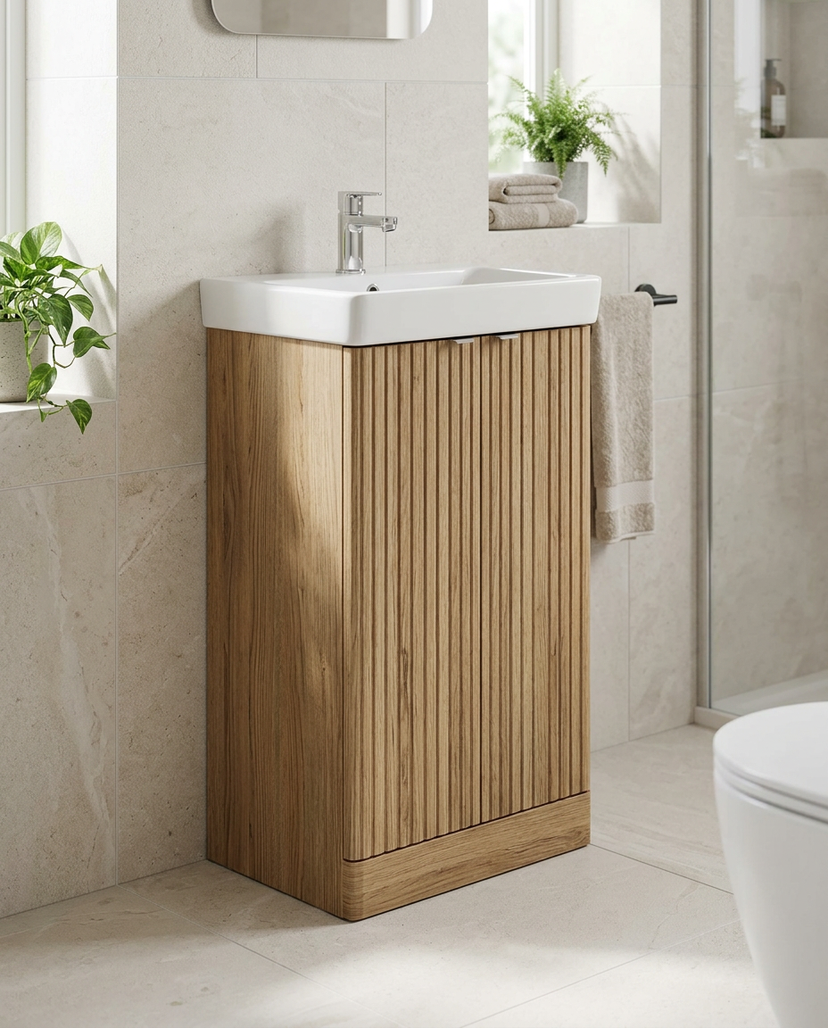 Sohana 500mm Floorstanding Vanity Unit & Basin, 2 Doors in a bright modern bathroom
