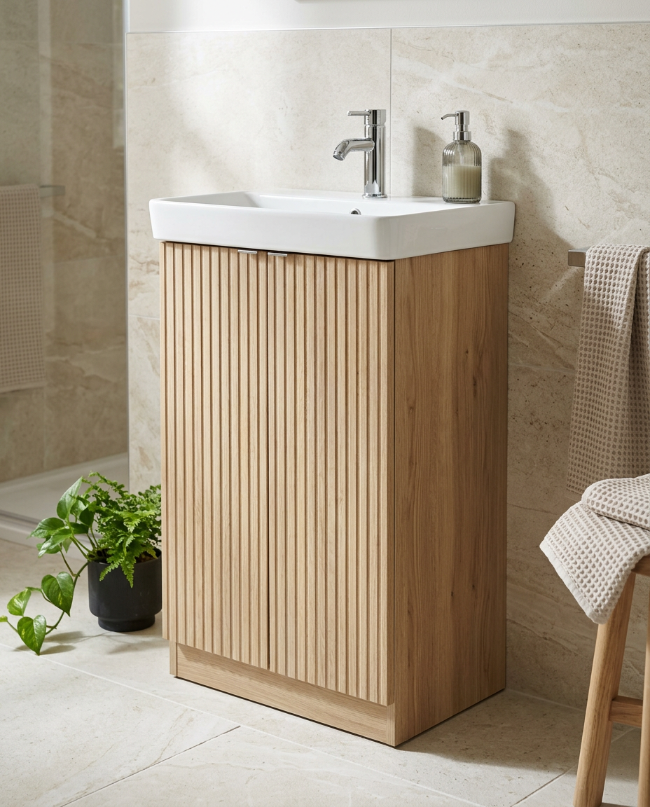 Sohana 600mm Floorstanding Vanity Unit & Basin, 2 Doors in a bright modern bathroom