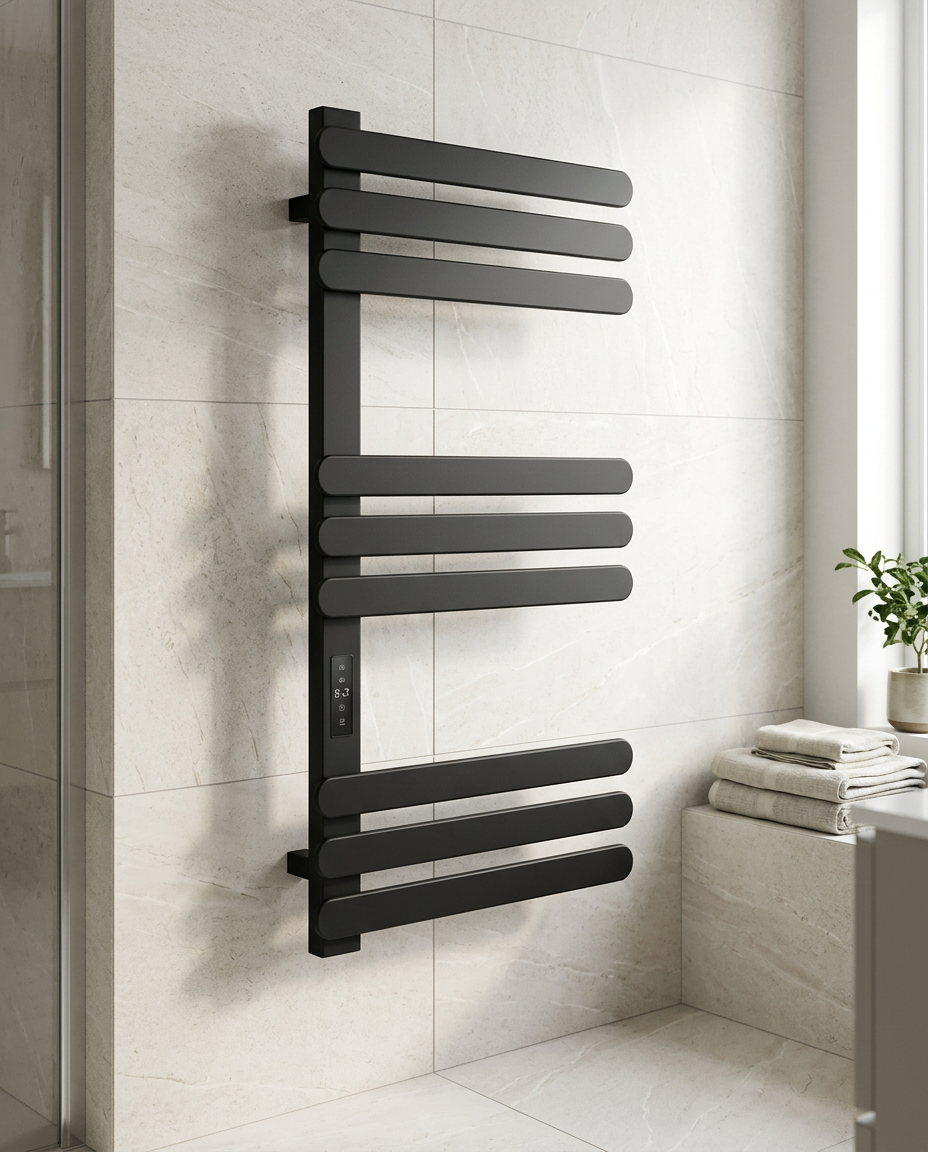 Sola Electric Heated Towel Rail, black in a bright modern bathroom