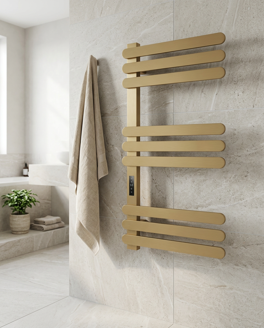 Sola Electric Heated Towel Rail, brushed brass in a bright modern bathroom