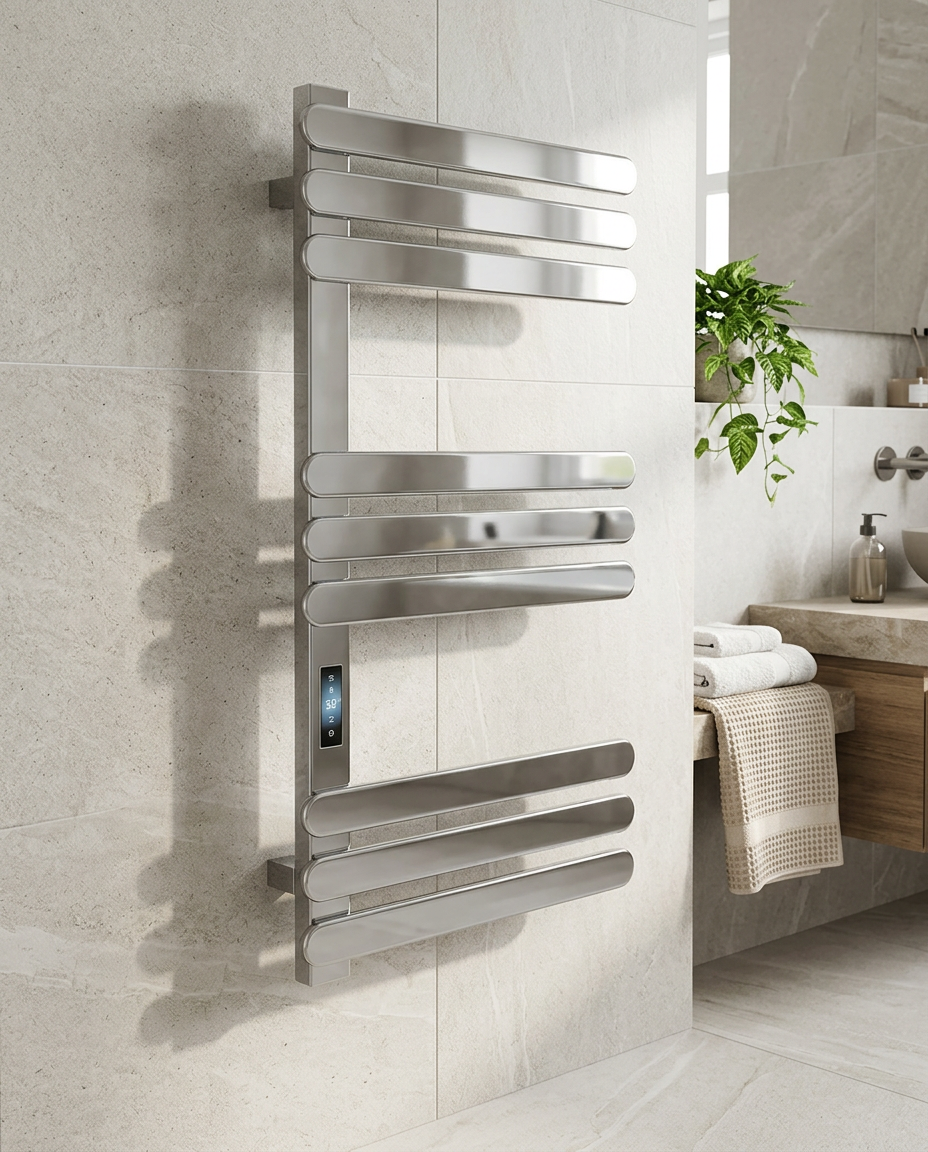 Sola Electric Heated Towel Rail, chrome in a bright modern bathroom
