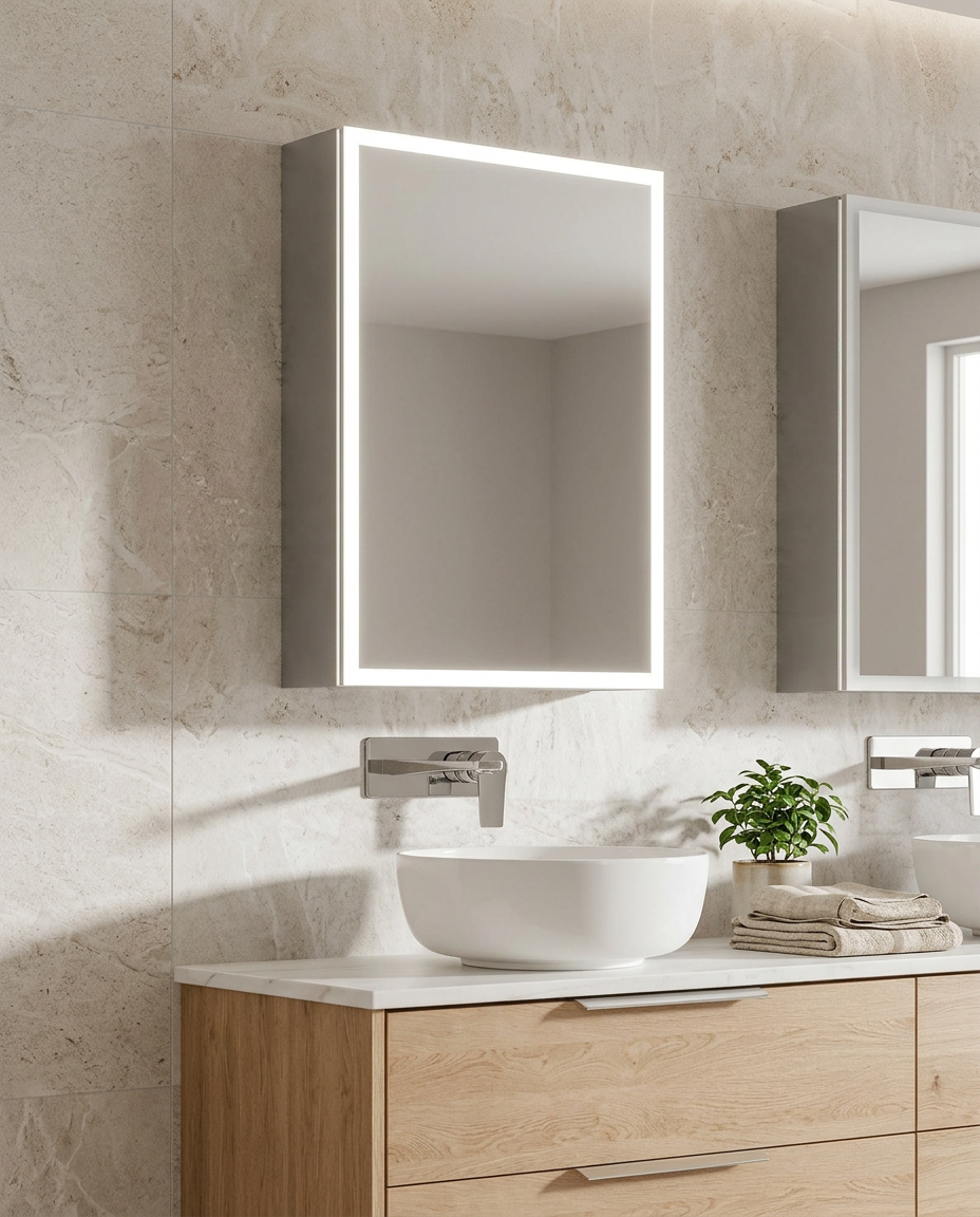 Solara LED Mirror Cabinet in a bright modern bathroom