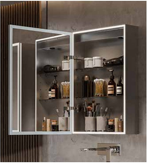 Solara two-door mirror cabinet open with glass shelves