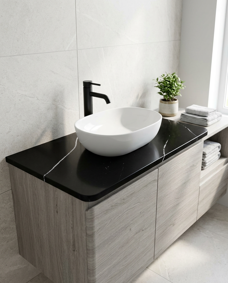 Solid Surface Vanity Worktop, black marble in a bright modern bathroom