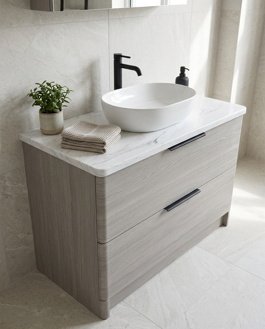 Solid Surface Vanity Worktop, white marble in a bright modern bathroom