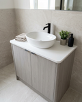Solid Surface Vanity Worktop, white in a bright modern bathroom