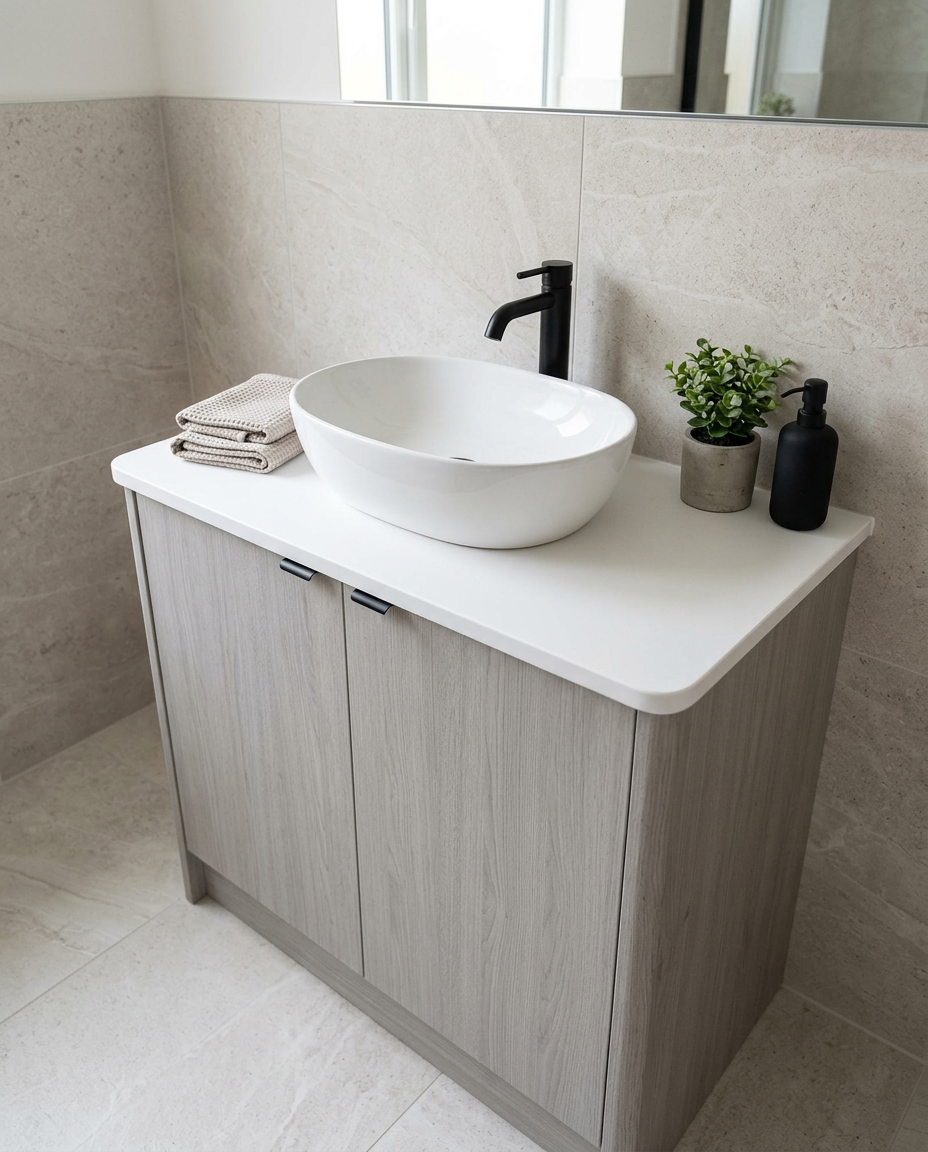 Solid Surface Vanity Worktop, white in a bright modern bathroom