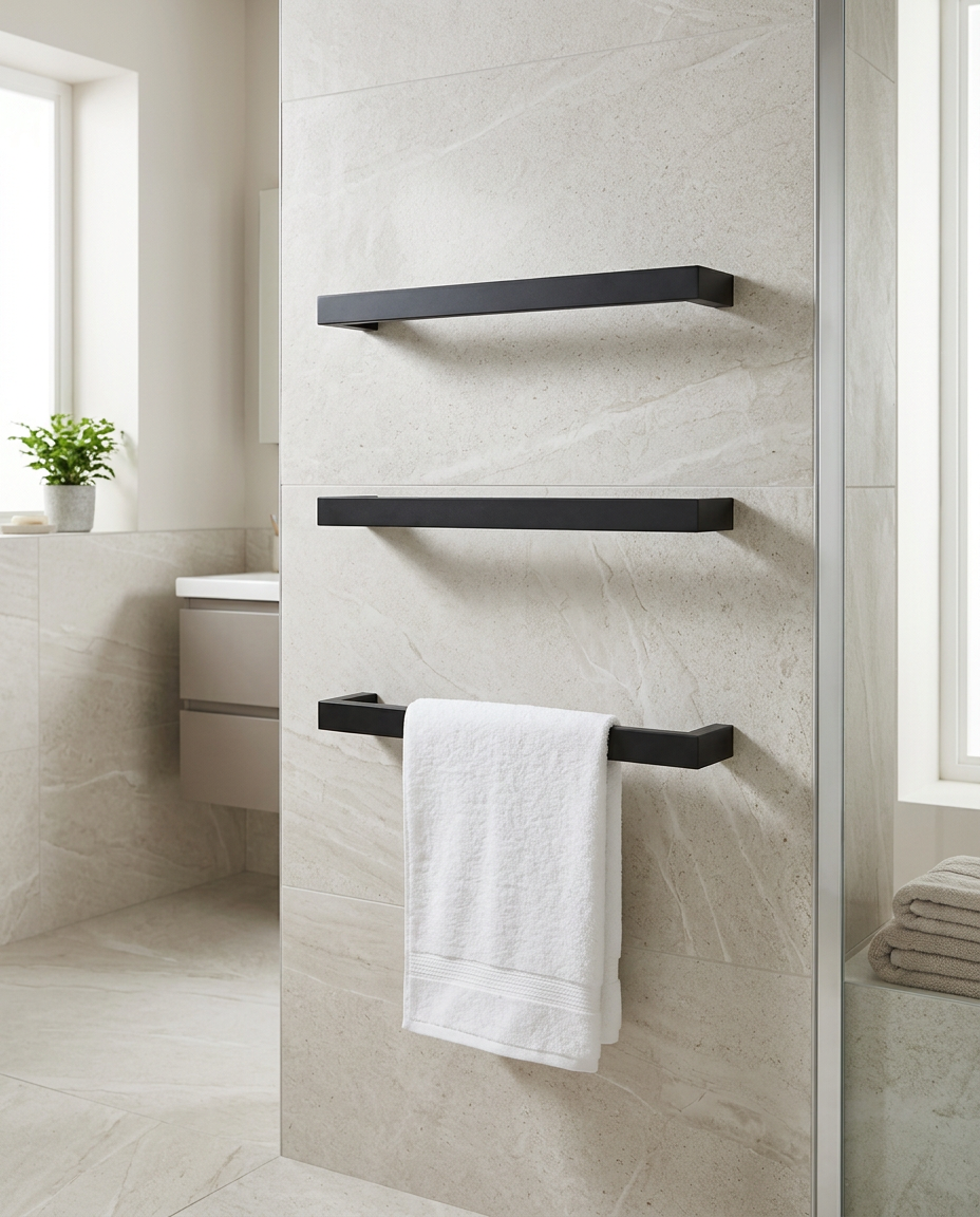 Solo 12V Electric Towel Rail, black in a bright modern bathroom