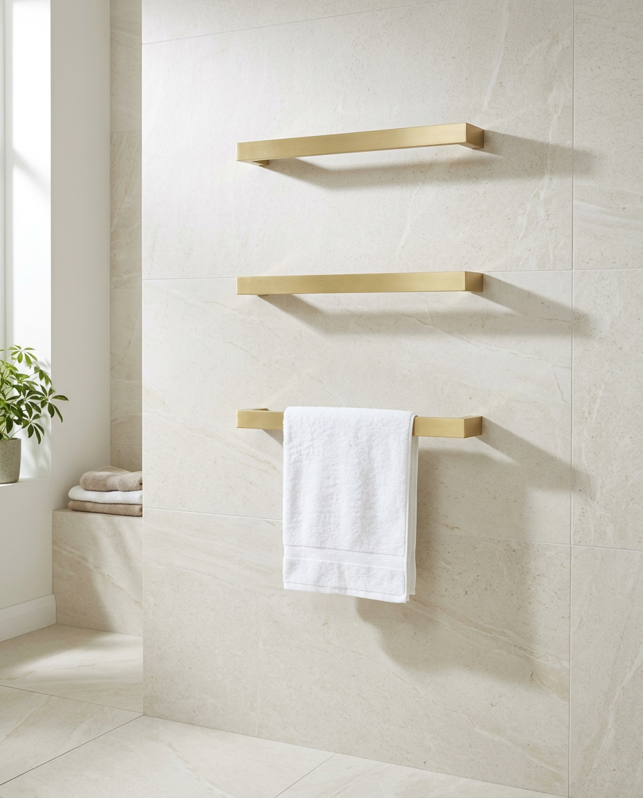 Solo 12V Electric Towel Rail, brushed brass in a bright modern bathroom