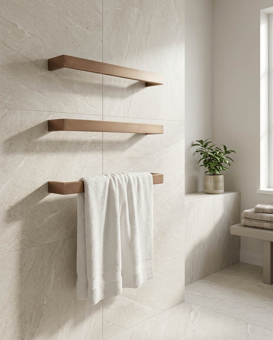 Solo 12V Electric Towel Rail, brushed bronze in a bright modern bathroom