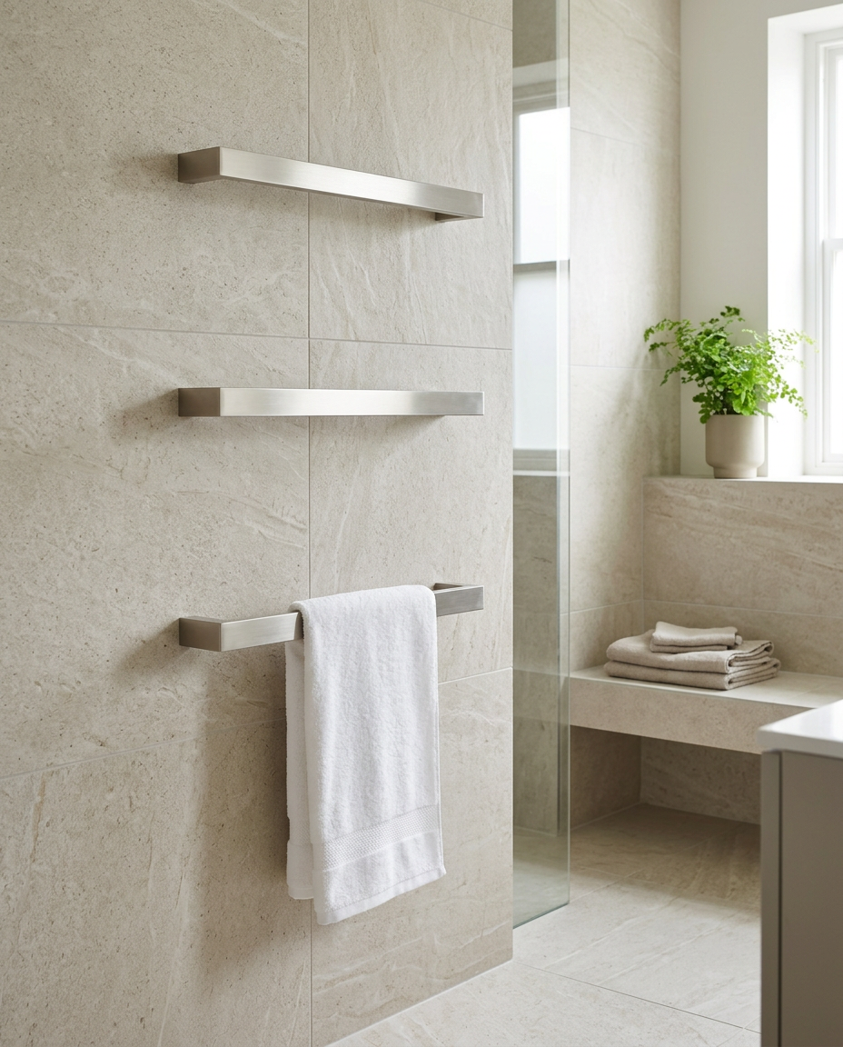 Solo 12V Electric Towel Rail, brushed nickel in a bright modern bathroom