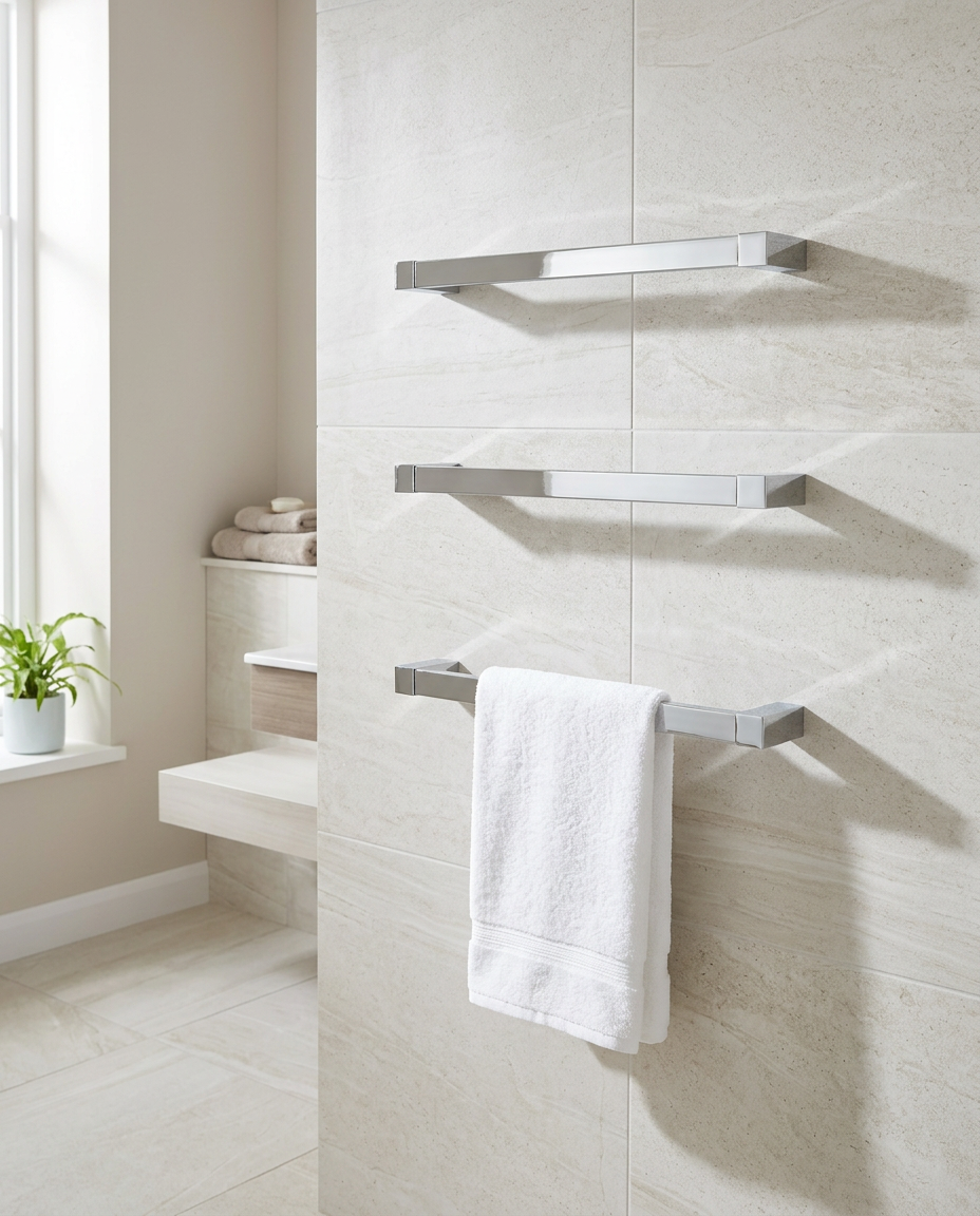 Solo 12V Electric Towel Rail, chrome in a bright modern bathroom