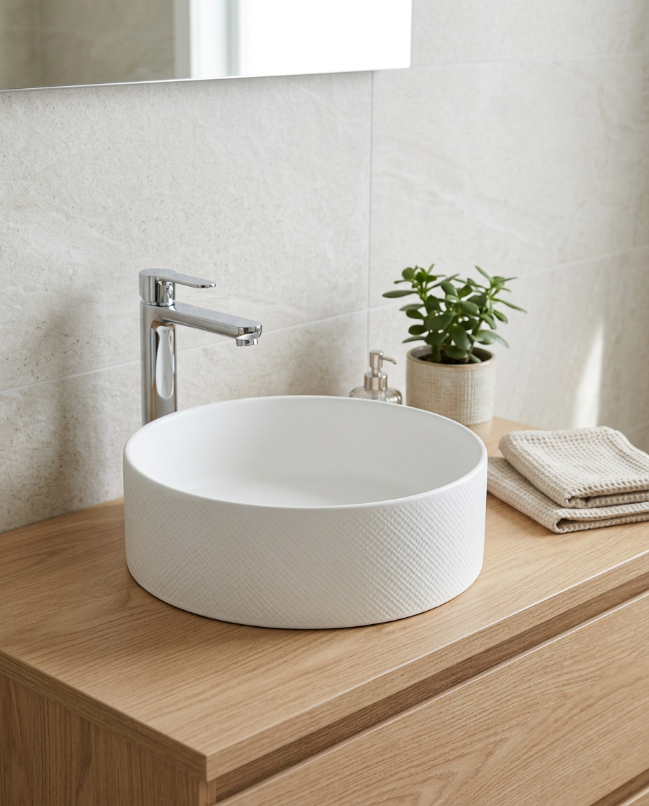 Sona Textured Sit-On Basin in a bright modern bathroom