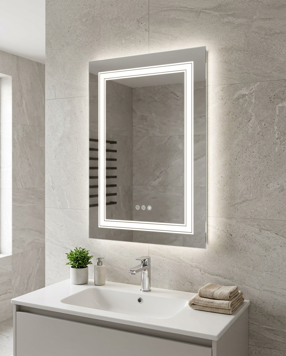 Sonar Bluetooth LED Mirror in a bright modern bathroom