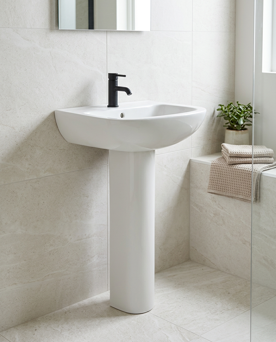 Spazio Basin & Pedestal in a bright modern bathroom