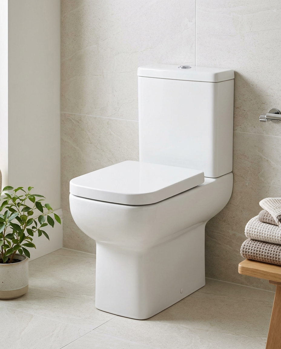 Spazio Close Coupled Toilet in a bright modern bathroom