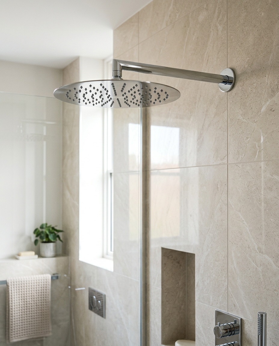 Stainless Steel Shower Drencher Heads, chrome in a bright modern bathroom