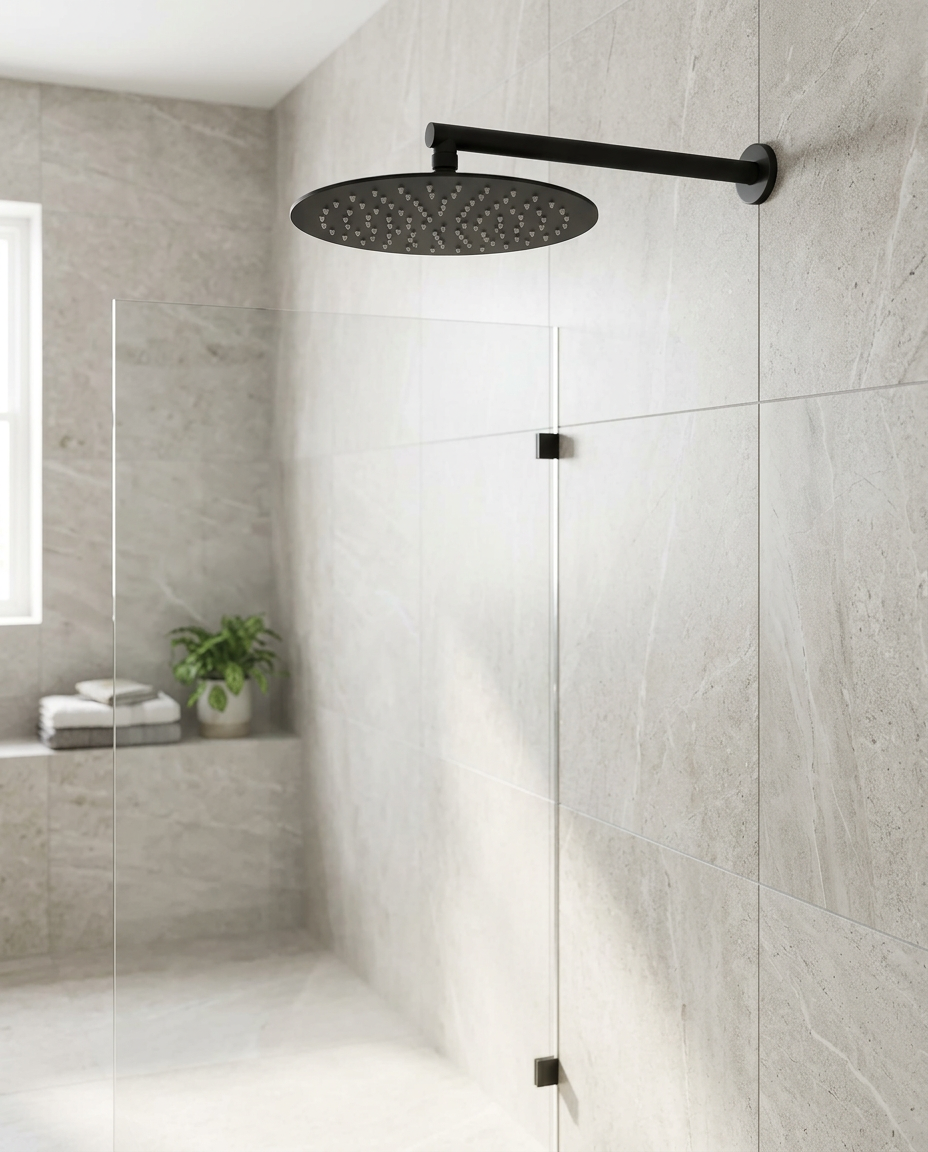 Stainless Steel Shower Drencher Heads, matt black in a bright modern bathroom