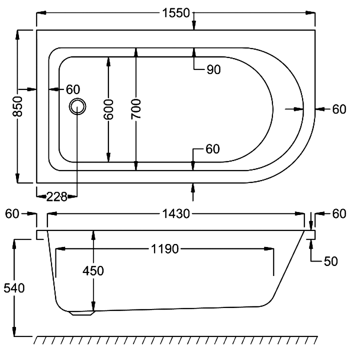 Carron Status Shower Bath, technical drawing