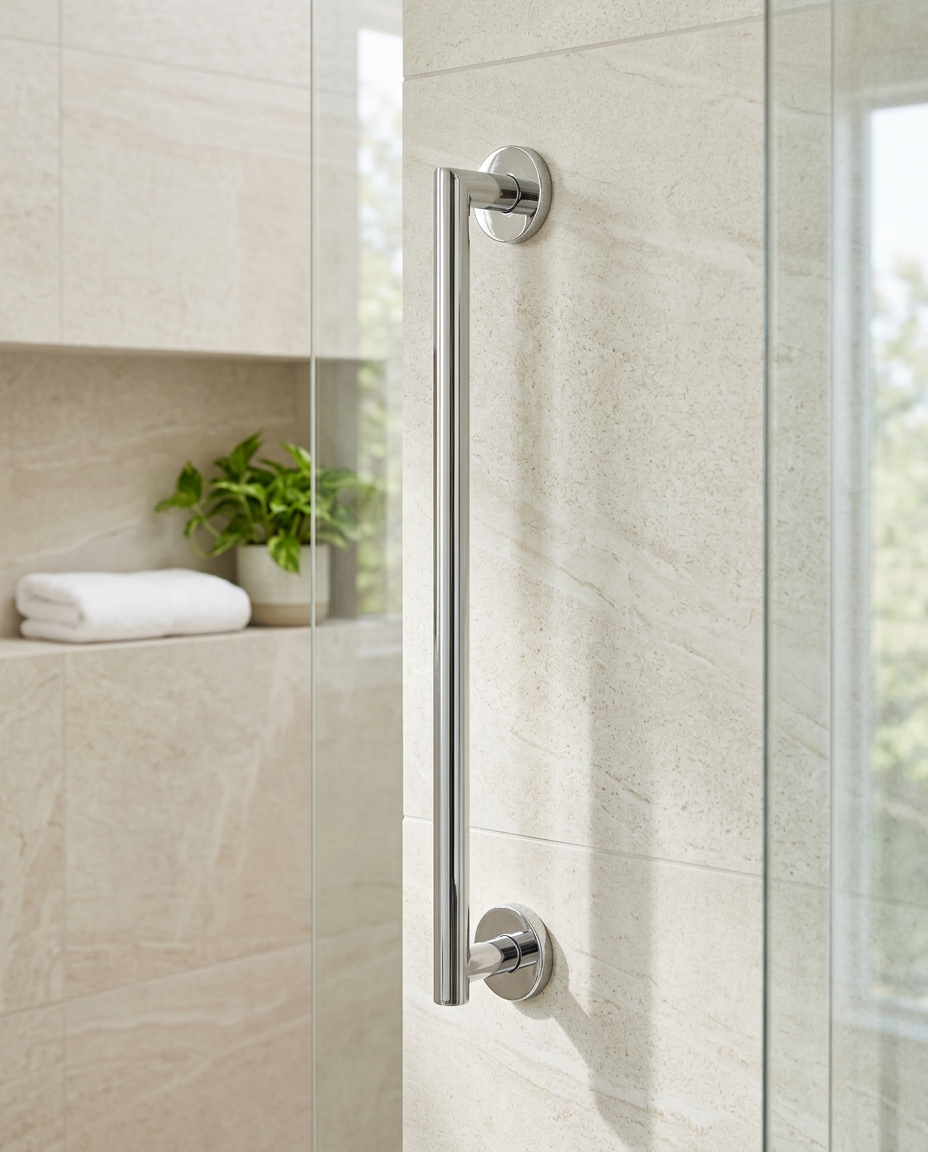 Straight Grab Bar in a bright modern bathroom