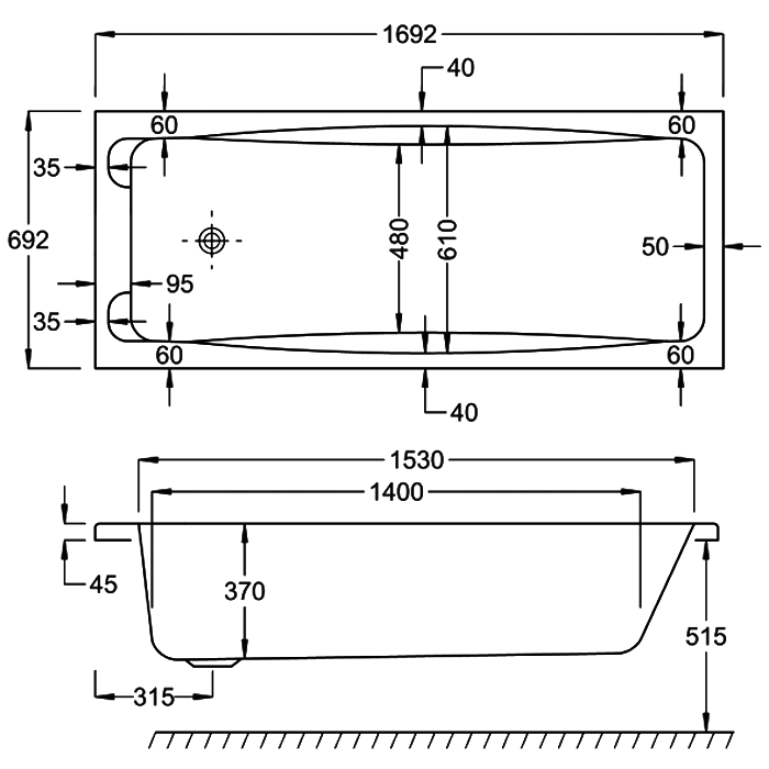 Carron Swallow Twin Grip Single Ended Bath, technical drawing