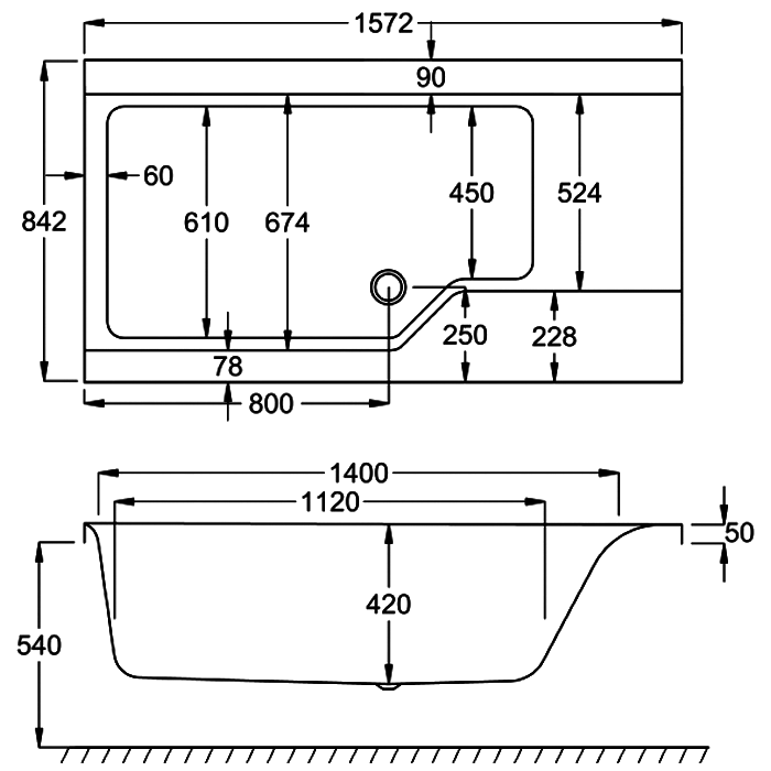 Carron Urban Swing Shower Bath, technical drawing