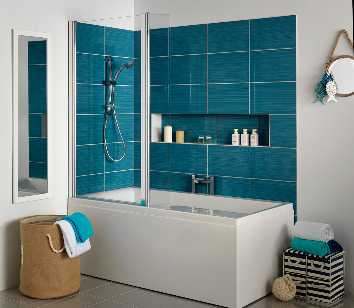 Carron Urban Swing Shower Bath, in a bathroom setting