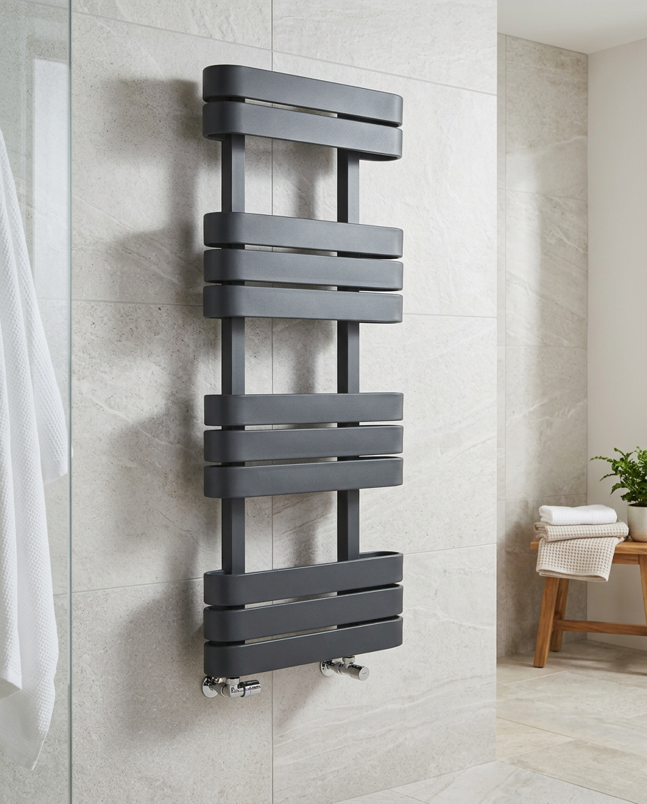 Tamar Anthracite Towel Rail in a bright modern bathroom