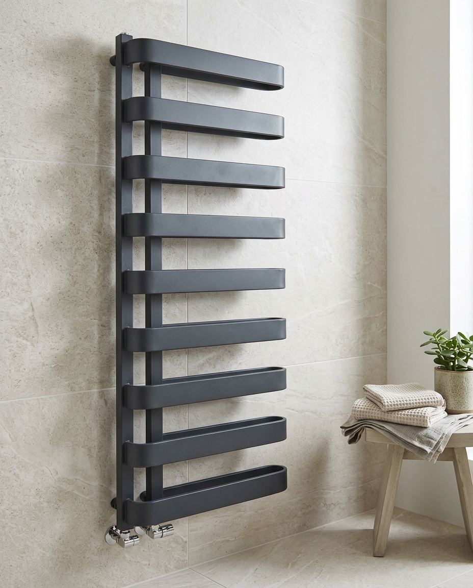 Tavira Anthracite Towel Rail in a bright modern bathroom