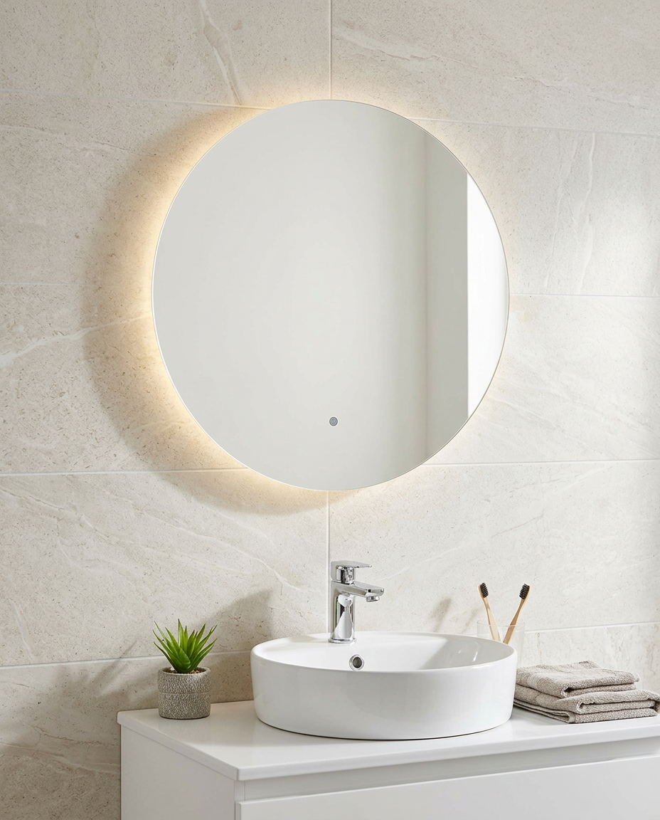 Tenbury Round LED Mirror in a bright modern bathroom