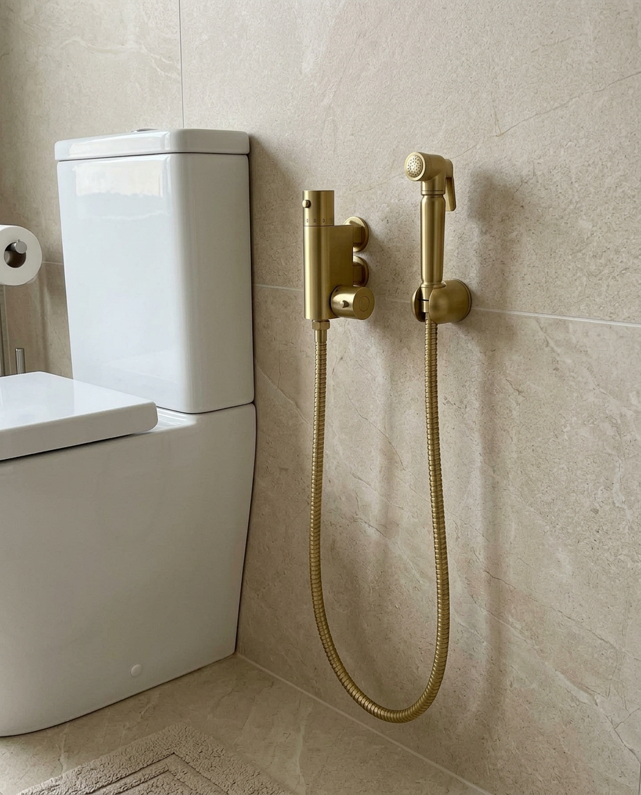Thermostatic Douche Kits, brushed brass in a bright modern bathroom