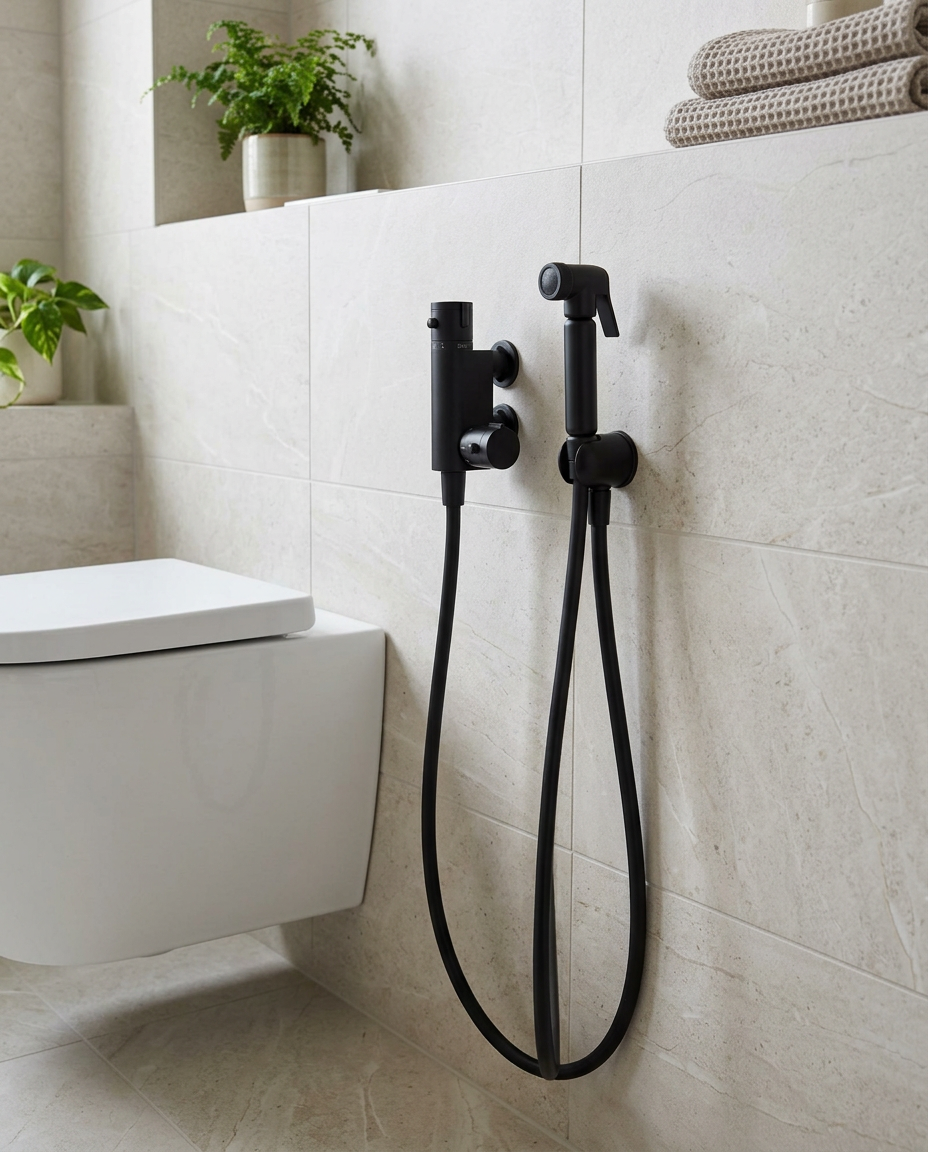 Thermostatic Douche Kits, matt black in a bright modern bathroom
