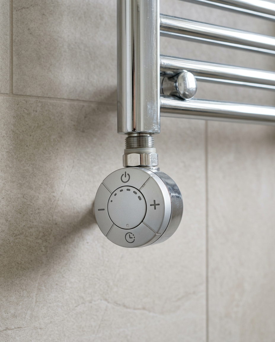 Thermostatic Electric Towel Rail Element in a bright modern bathroom