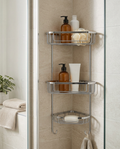Three Tier Corner Shower Basket in a bright modern bathroom