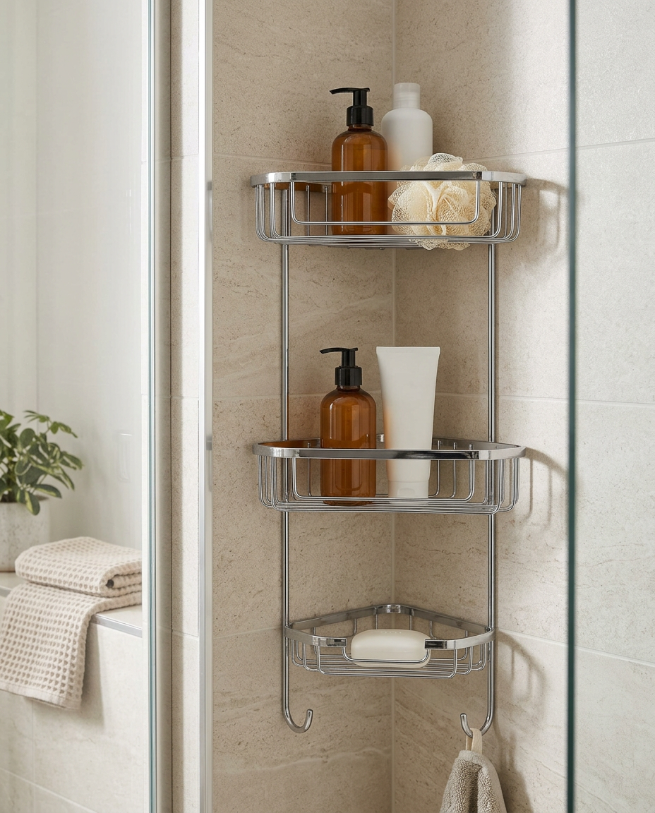 Three Tier Corner Shower Basket in a bright modern bathroom
