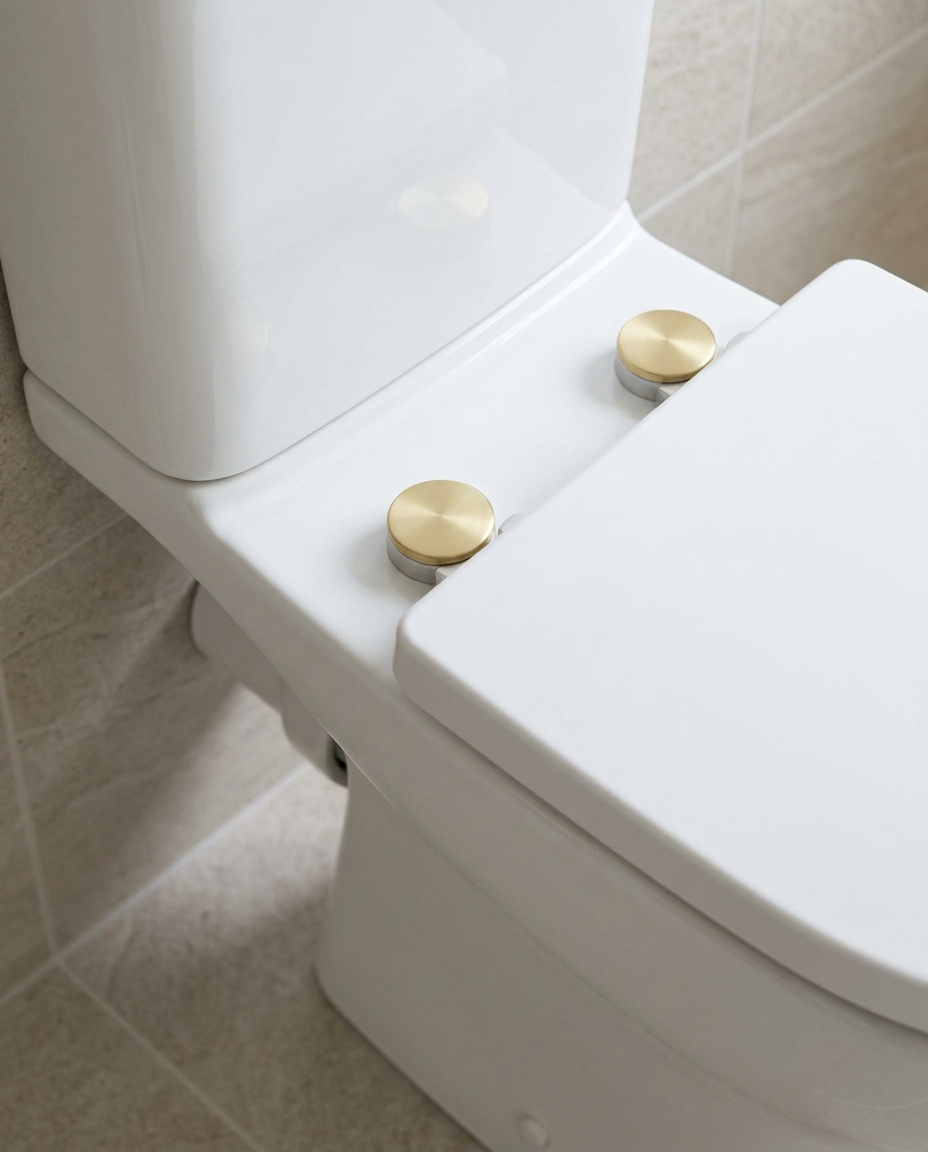 Toilet Seat Hinge Cover Caps, brushed brass in a bright modern bathroom