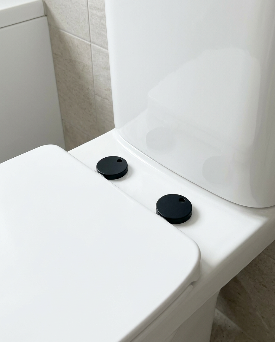 Toilet Seat Hinge Cover Caps, matt black in a bright modern bathroom