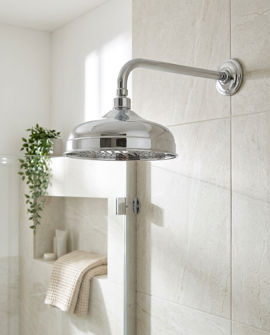 Traditional Shower Head, Chrome in a bright modern bathroom