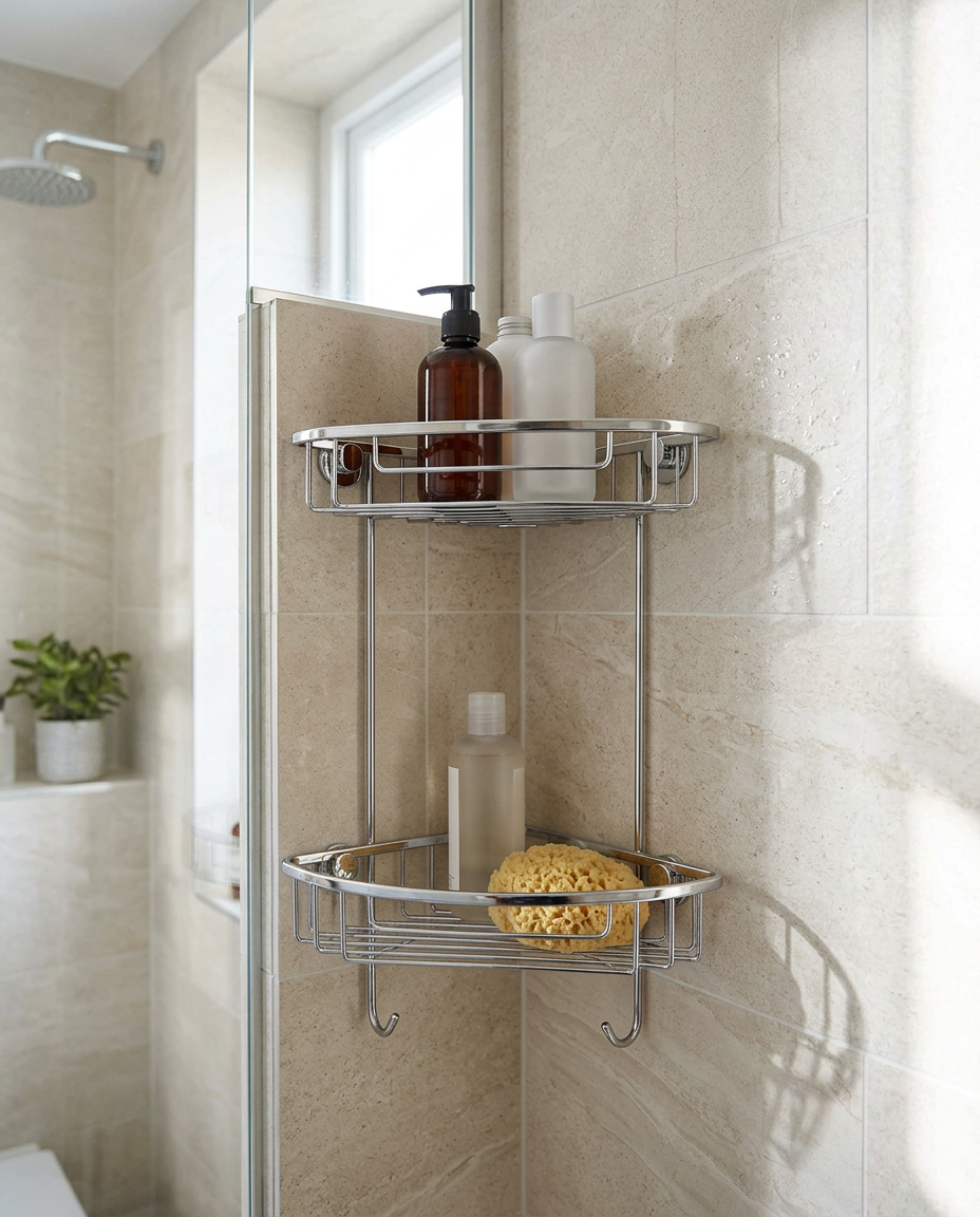 Two Tier Shower Basket in a bright modern bathroom