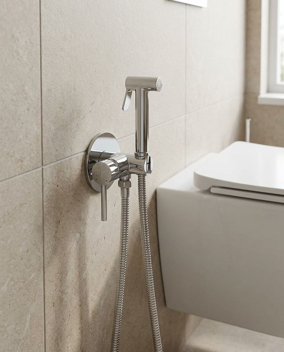 Unita Douche Mixer Set in a bright modern bathroom
