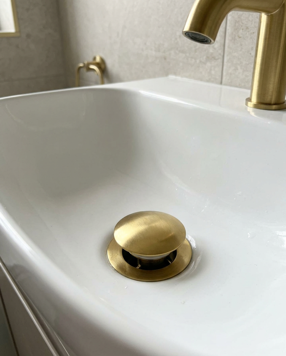 Universal Click Basin Wastes, brushed brass in a bright modern bathroom