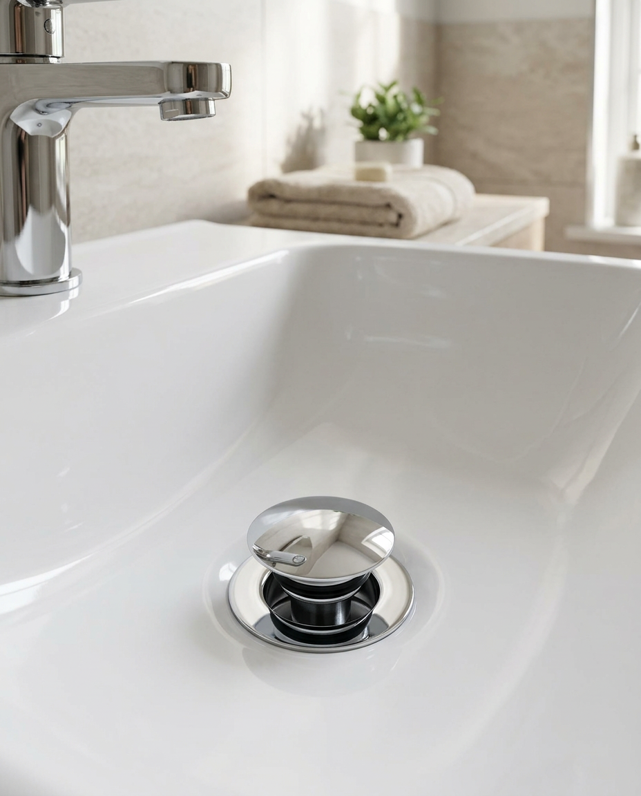Universal Click Basin Wastes, chrome in a bright modern bathroom