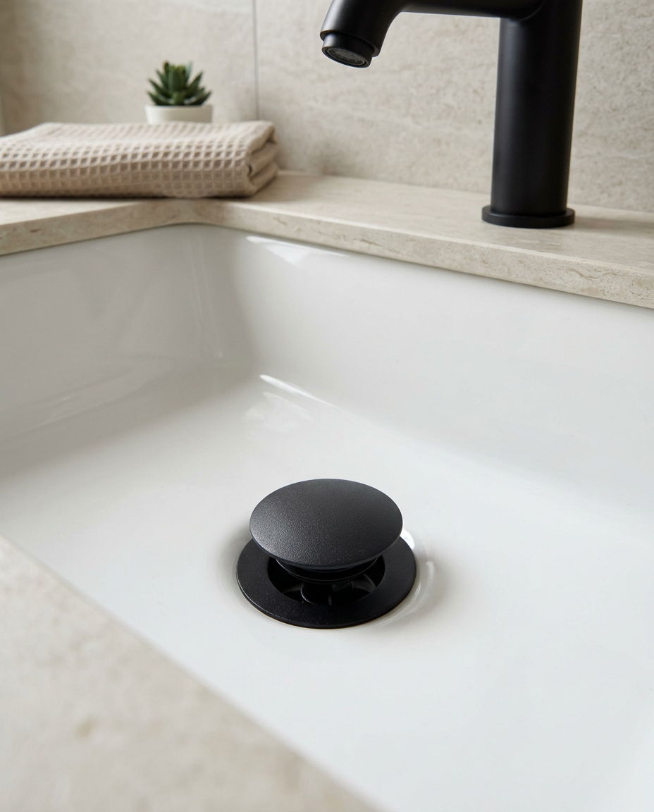 Universal Click Basin Wastes, matt black in a bright modern bathroom