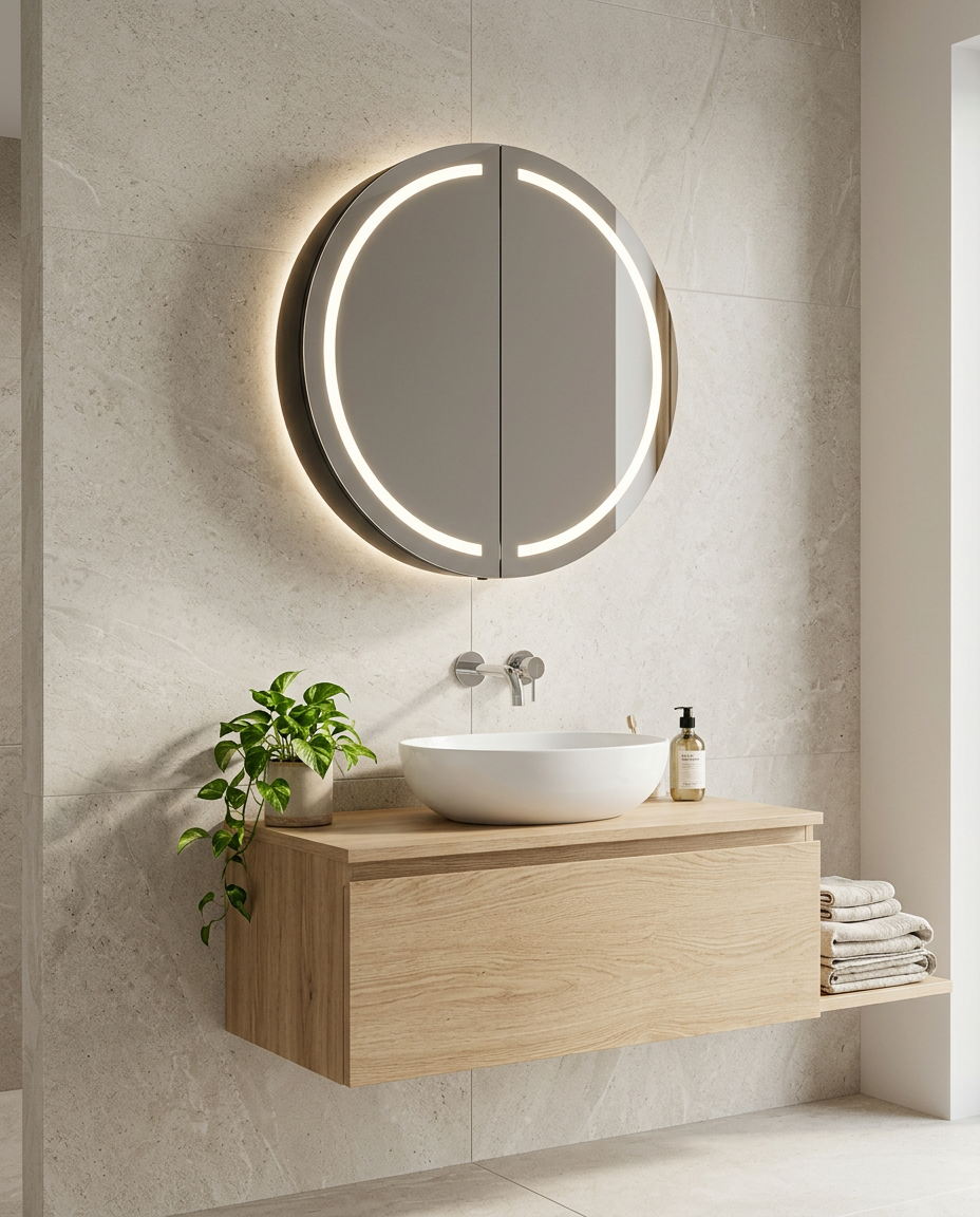 Venna Round LED Mirror Cabinet in a bright modern bathroom