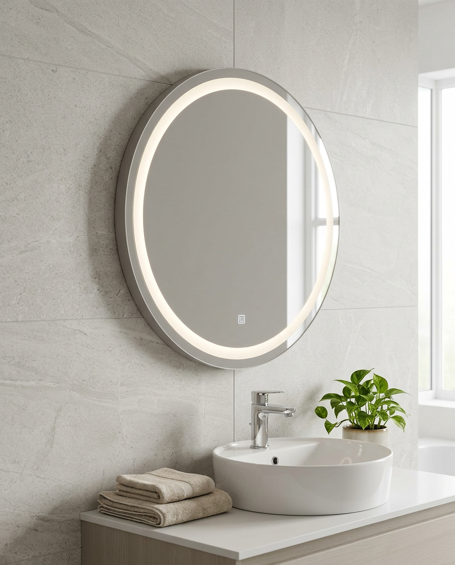 Ventnor Round LED Mirror in a bright modern bathroom