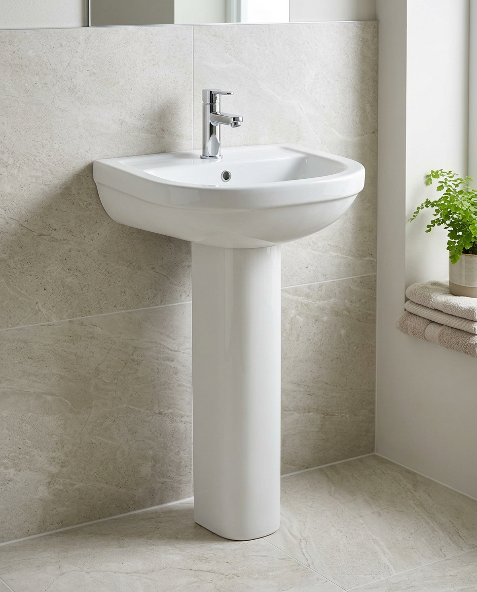 Verano Basin & Pedestal in a bright modern bathroom