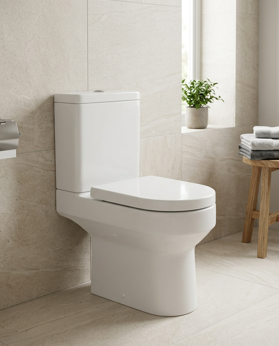Verano Close Coupled Toilet in a bright modern bathroom