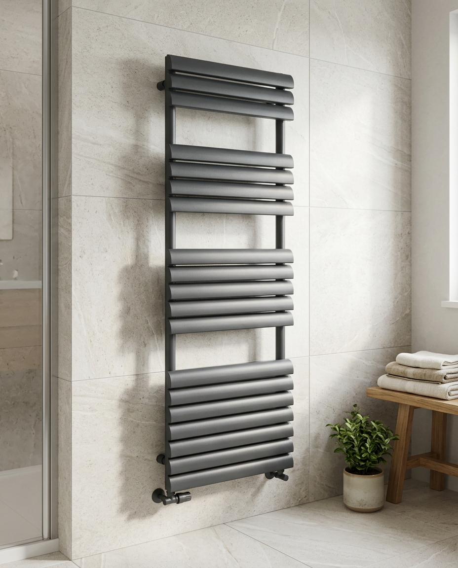 Verona Anthracite Heated Towel Rail in a bright modern bathroom